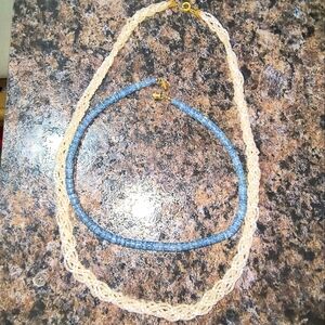 Elegant Cream and Blue Necklace Set vintage woven white beaded y2k